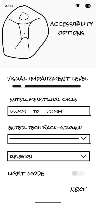 Accessibility options — visual impairment, menstrual cycle, tech background, religion, Light mode